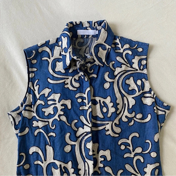 Anne Fontaine Blue Embroidered Sleeveless Button Down Blouse Size Womens 38/US 6 - Picture 6 of 6
